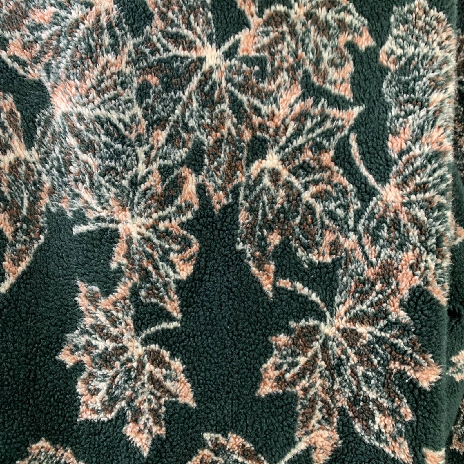 VTG Denali Reversible Fleece Coat Dark Grn Maple Leaves Tan Wood Toggle Buttons