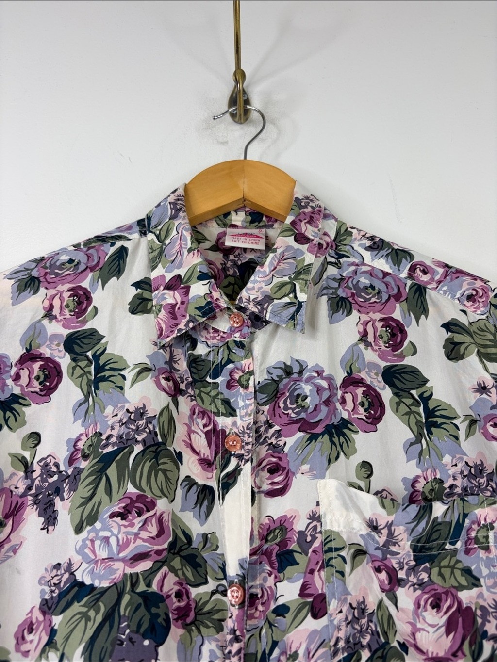 Vintage Silk Blouse Womens Large Gray Purple Green 90s Floral Long Sleeve Top