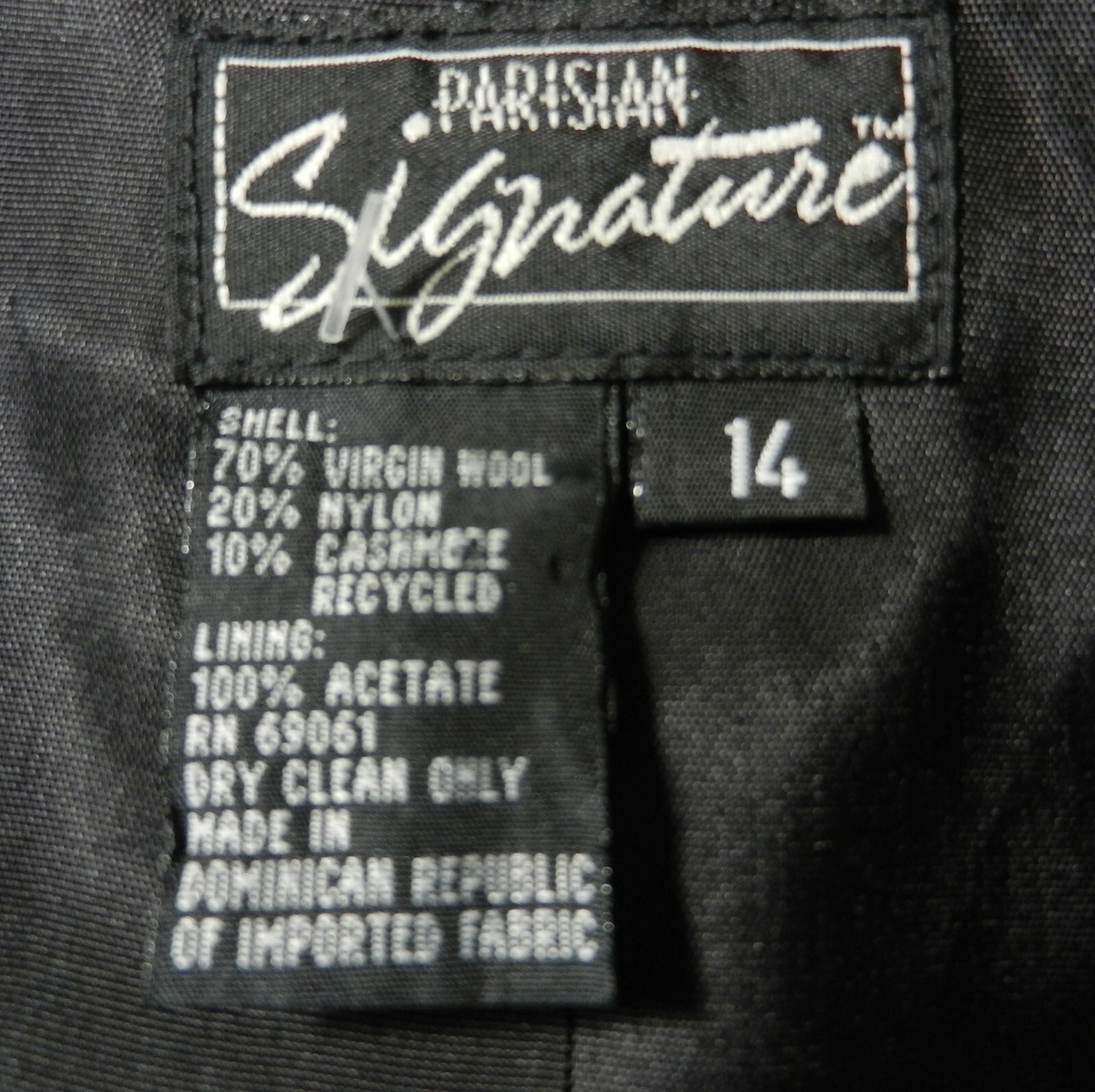 Vintage Parisian Signature Wool/Cashmere Black Blazer Size 14
