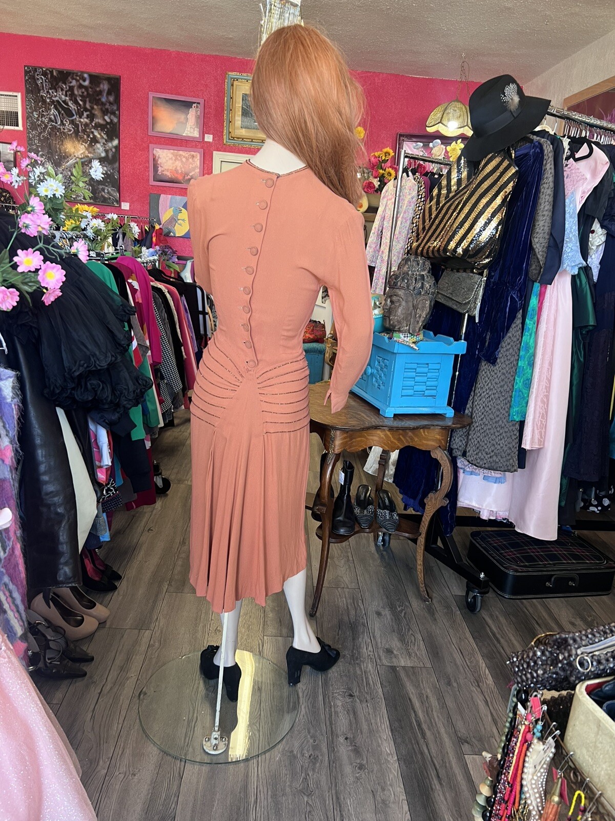 1940s Cinnamon Crepe Dress With Rust Beaded Waist And Fabric Covered Button Back