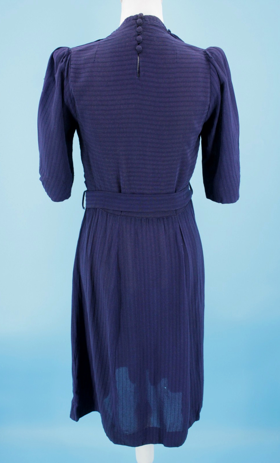 VTG Women’s 30s Navy Blue A Line Midi Dress W/ Belt Sz XS/S 1930s Rayon?