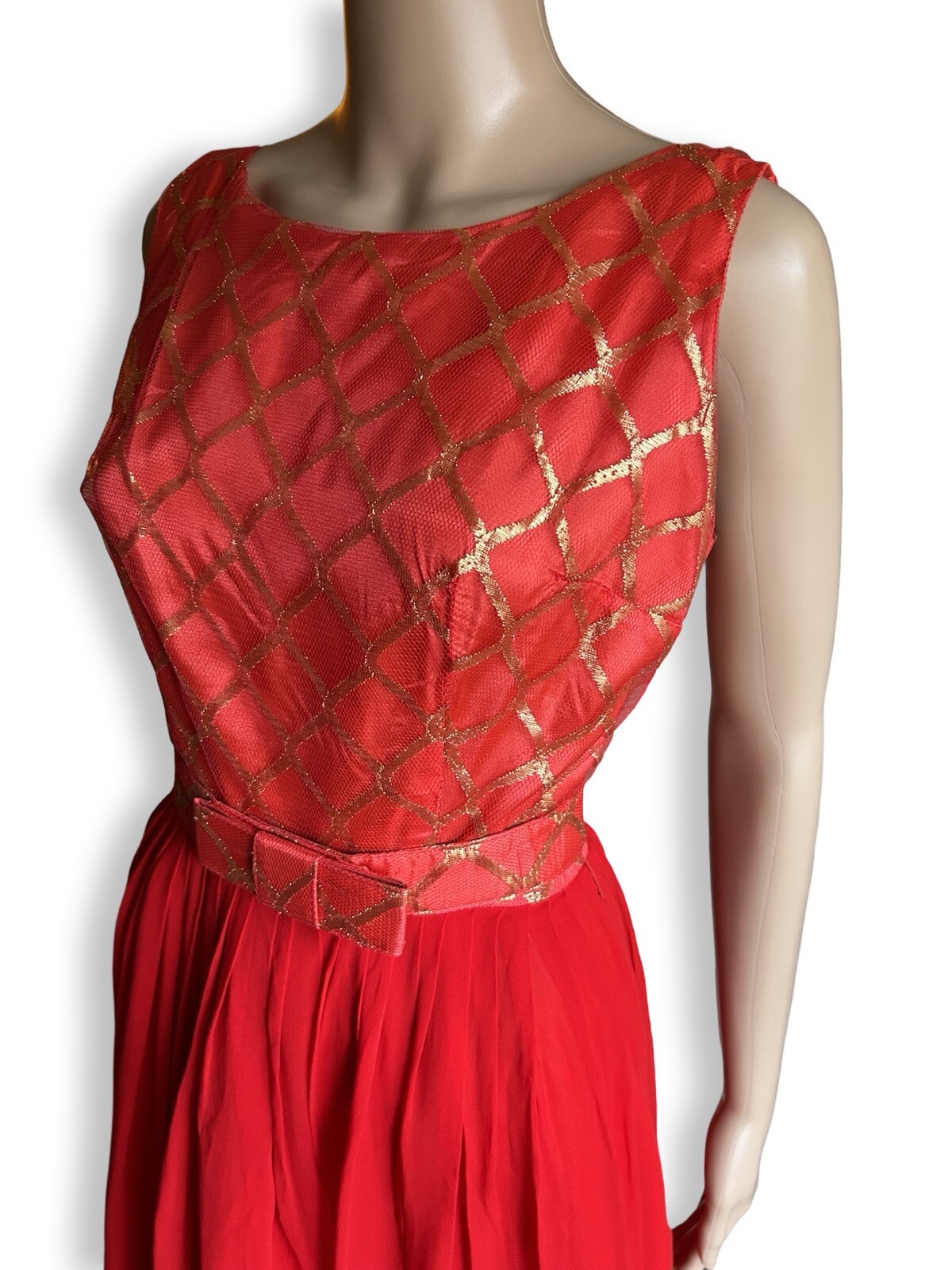 Vintage 1950s Gold Metallic Geometric Red Silk Chiffon Party Dress Holiday Xmas