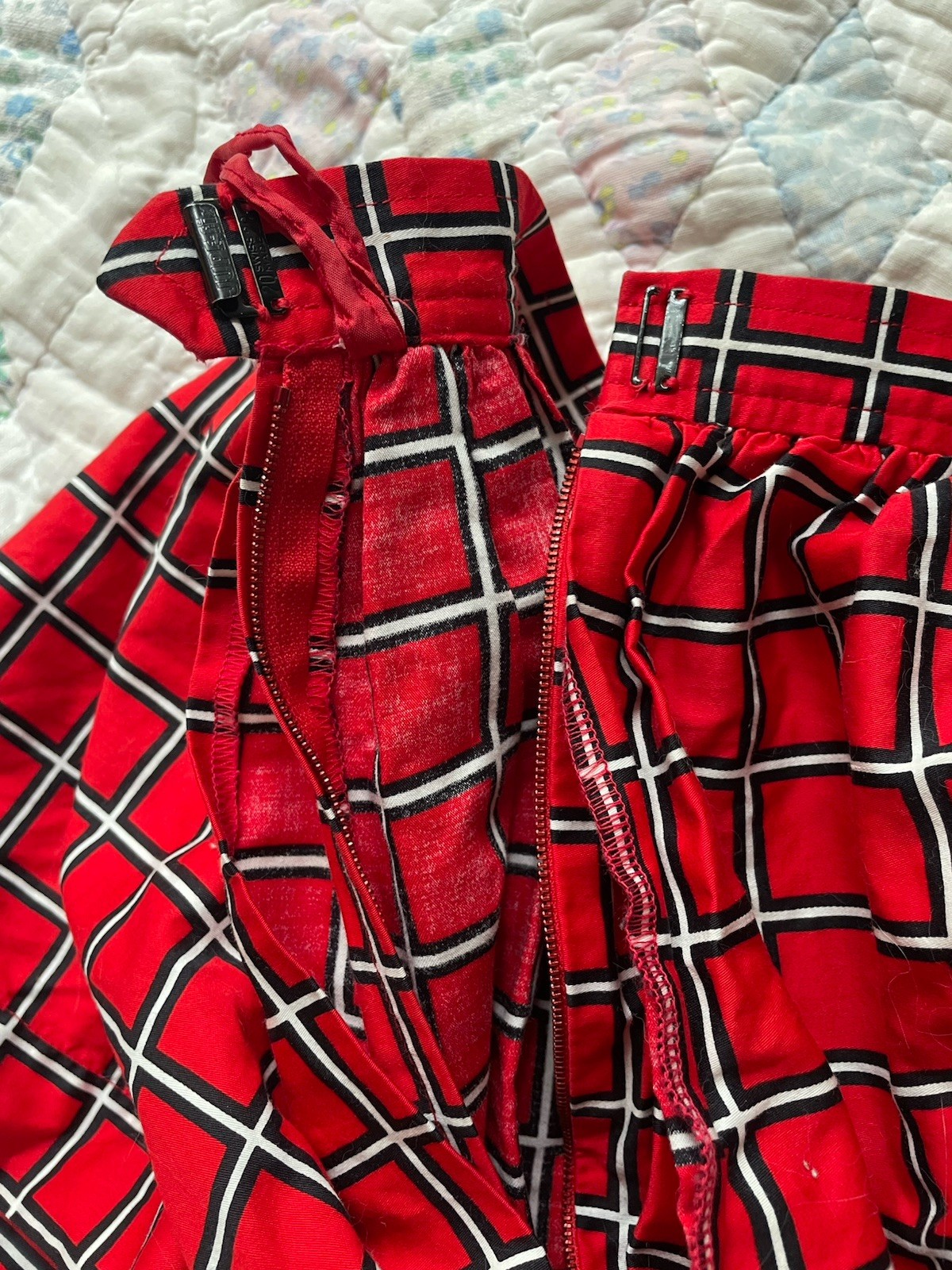 Vintage 70s Yves Saint Laurent Red Black White Grid Tiered A Line Skirt