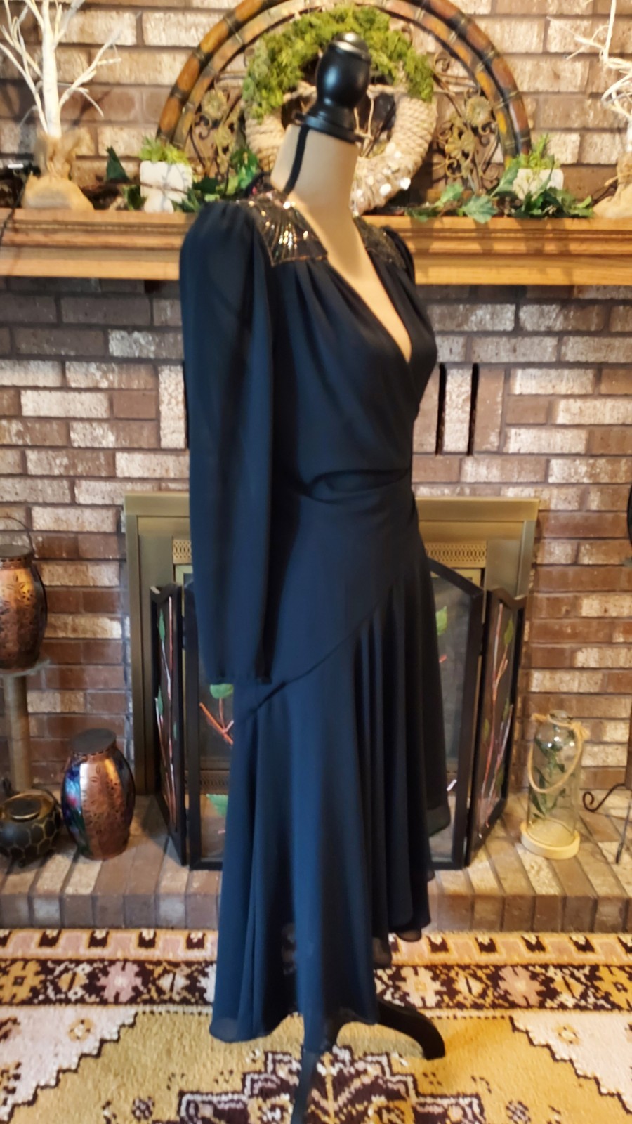 Vintage Casadei Black Beaded Ruched Asymmetrical Hem Wrap Cocktail Party Dress 6