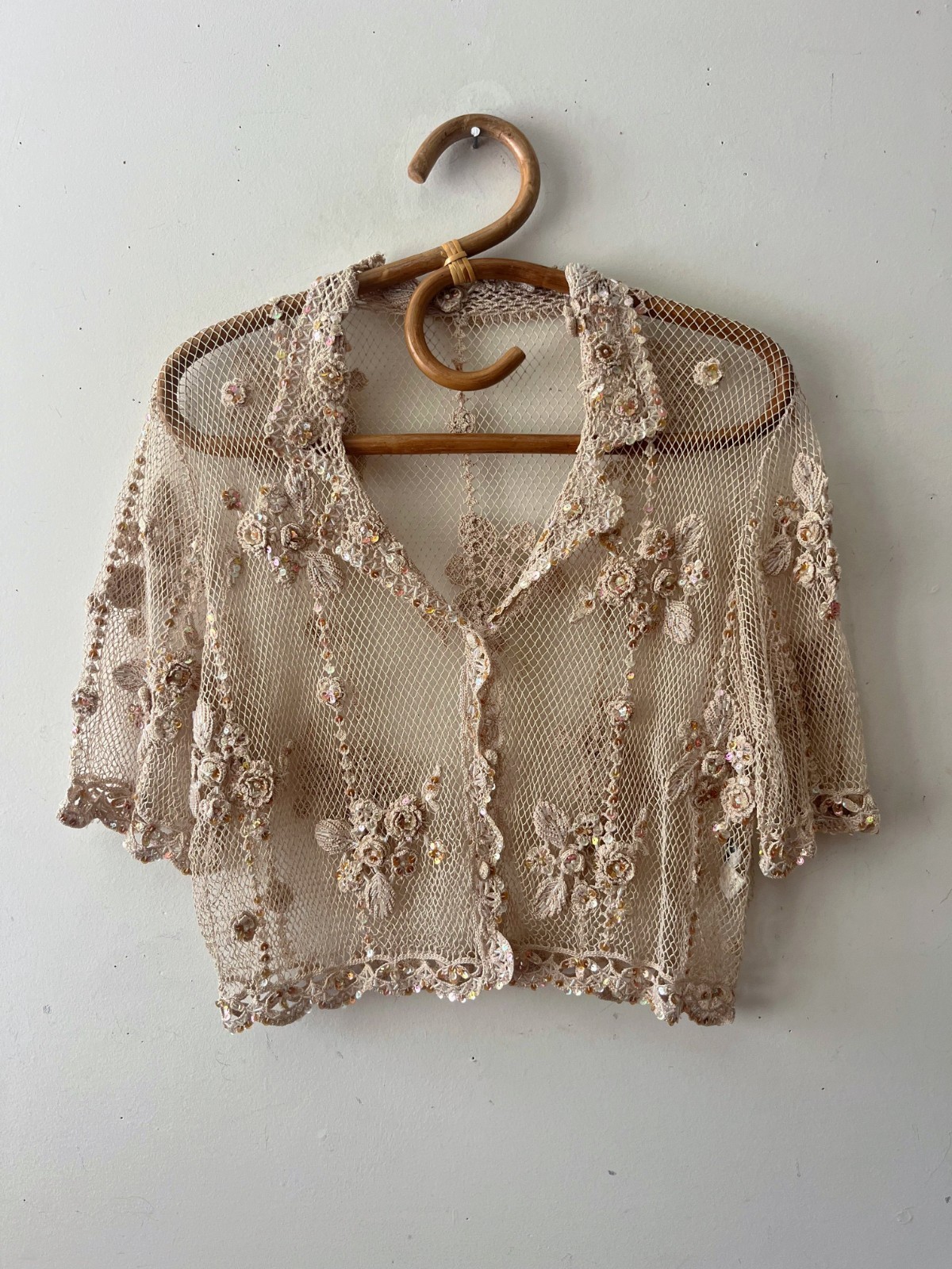 Vintage 80s Crochet Floral Fishnet Top Cottagecore Cover-Up Medium