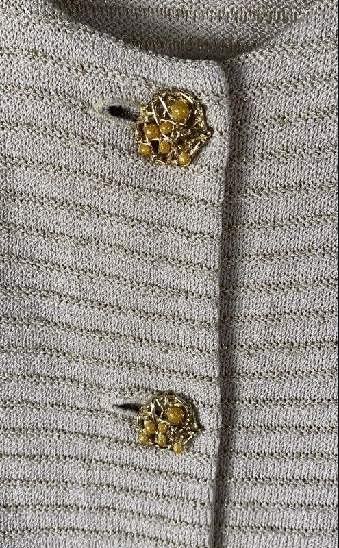 Vintage 90s St John Marie Gray Women’s Beige Gold Metallic Knit Jacket Sz 10