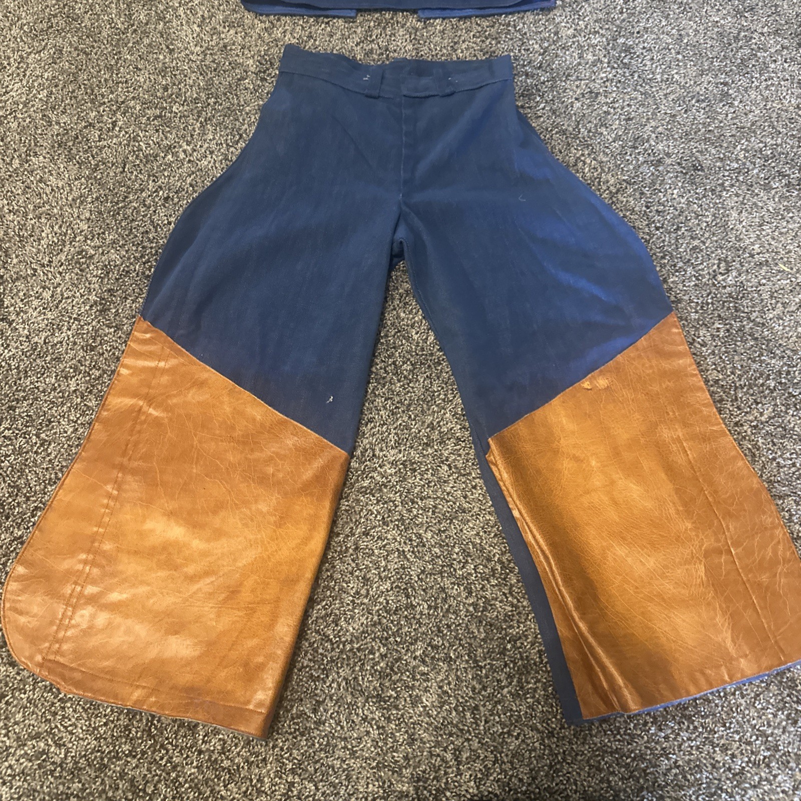 VTG 70s Child’s costume Denim Leather Vest Pants 2 Piece Set 8-10 BlueTan Chaps