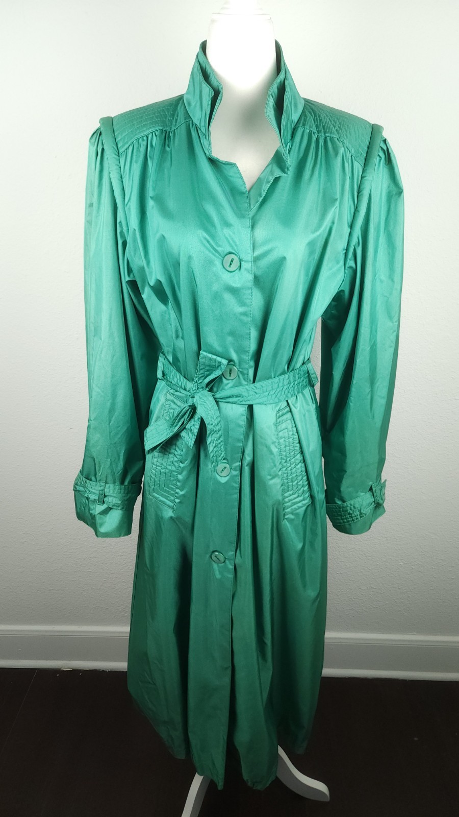 Vintage 70s 80s Green Raincoat Trench Belt Water Resistant Shoulder Pads Size M