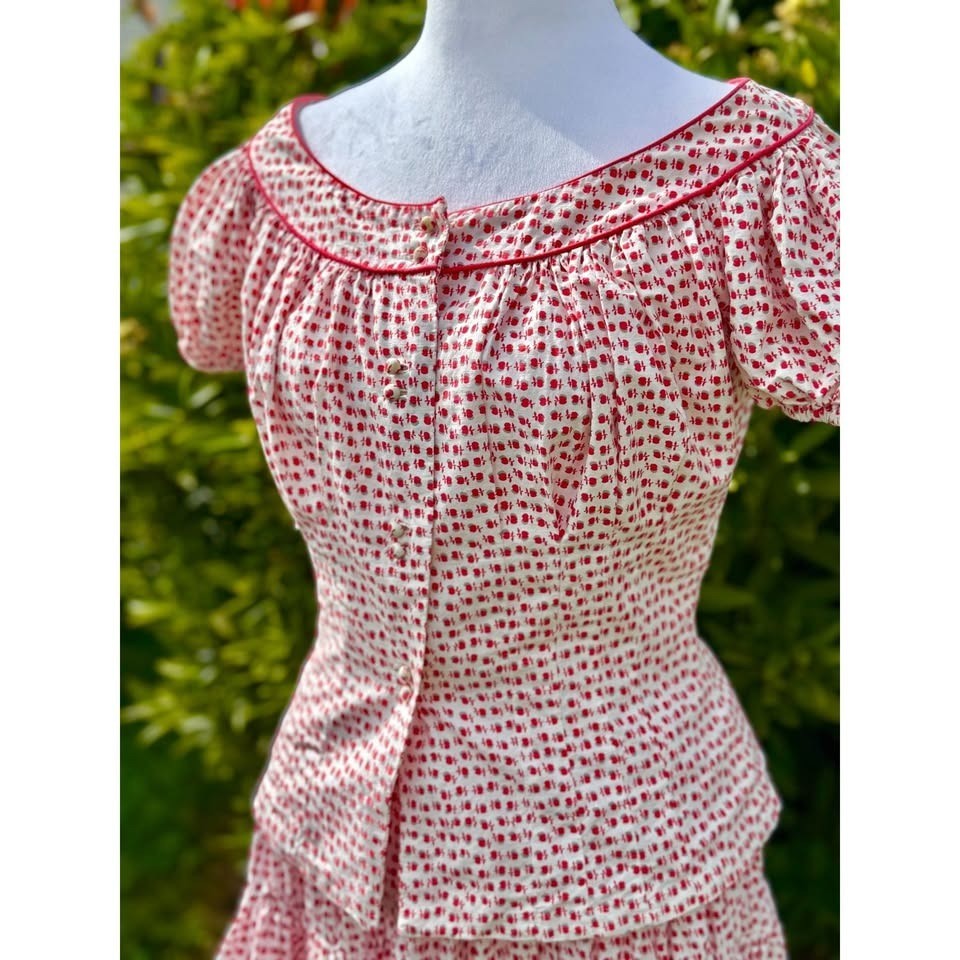Vintage 1950s Short Sleeve Blouse And Full Circle Skirt Set In Red Apple Novelty