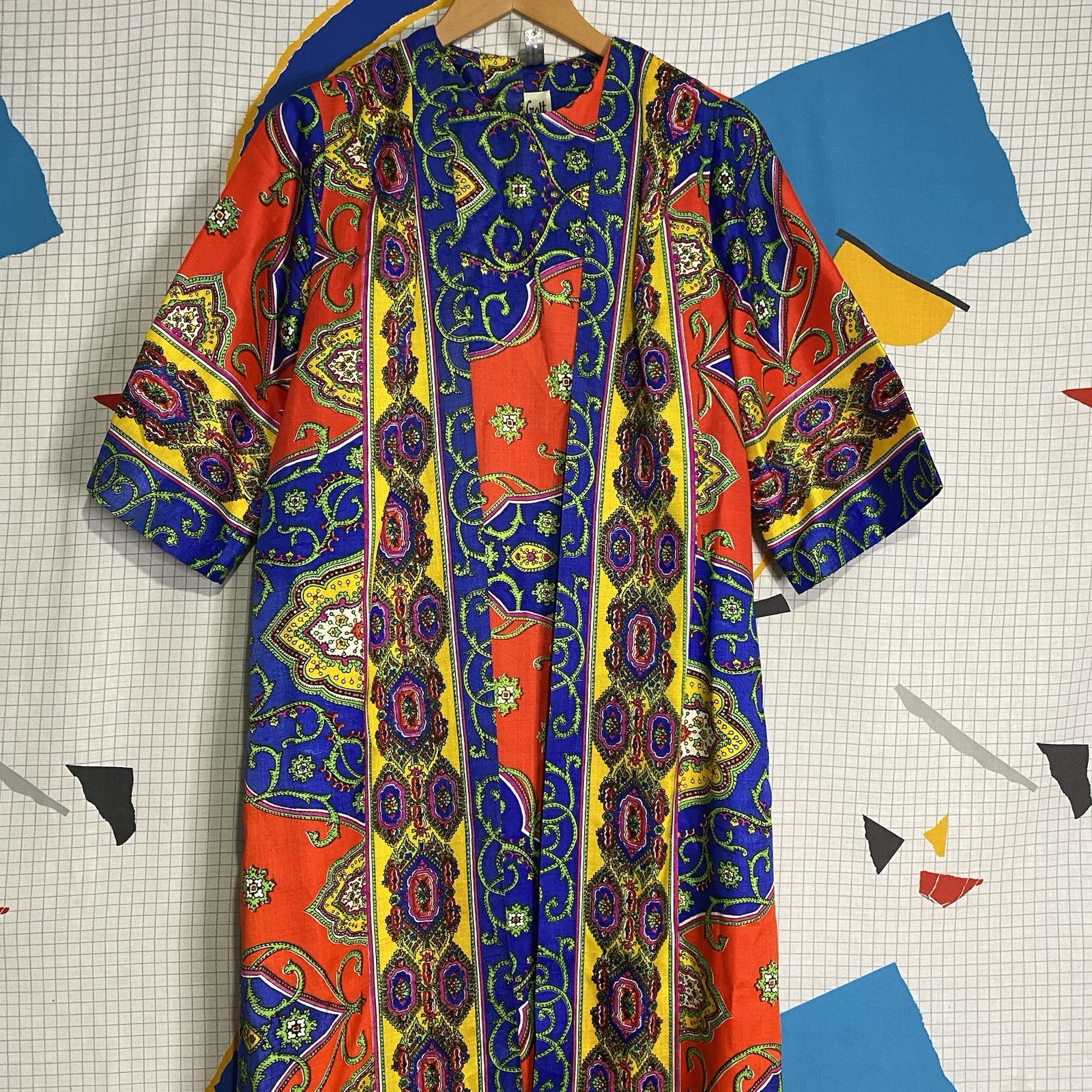 Vintage 60s Pyschedelic Kaftan Dress Small Wrap Hippie Boho Paisley Mod 70s