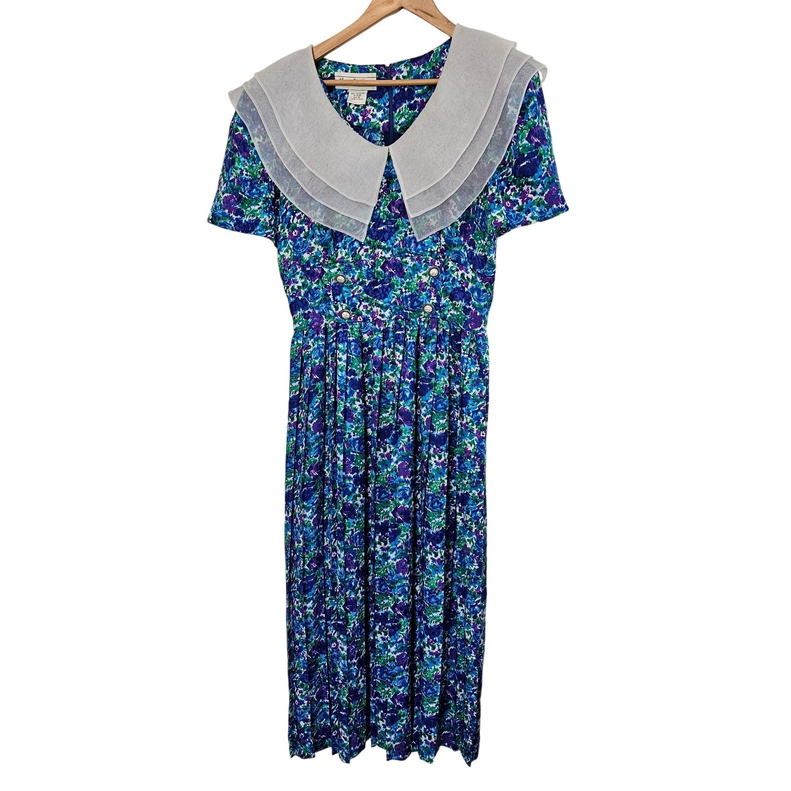 Vintage 80s Maggy Boutique Dress Size 10 Blue Floral Pleated Preppy Retro