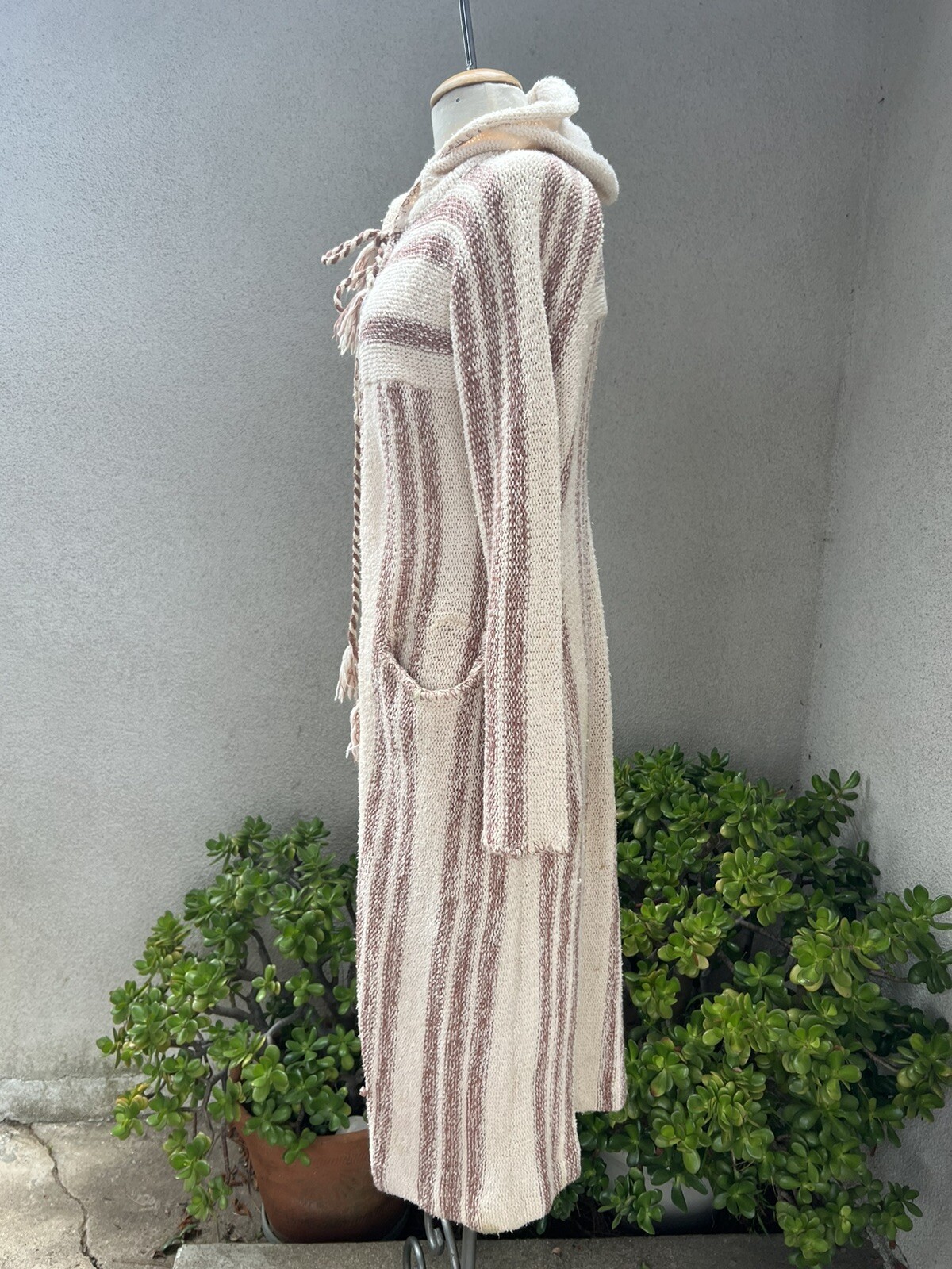 Vtg Boho Cardigan Long Duster Sweater S/XS Stripes Hood Pockets International
