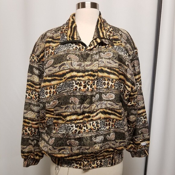 Vintage 80s Retro Fuda Silk Animal Print Tiger Cheetah Leopard Bomber Jacket Md