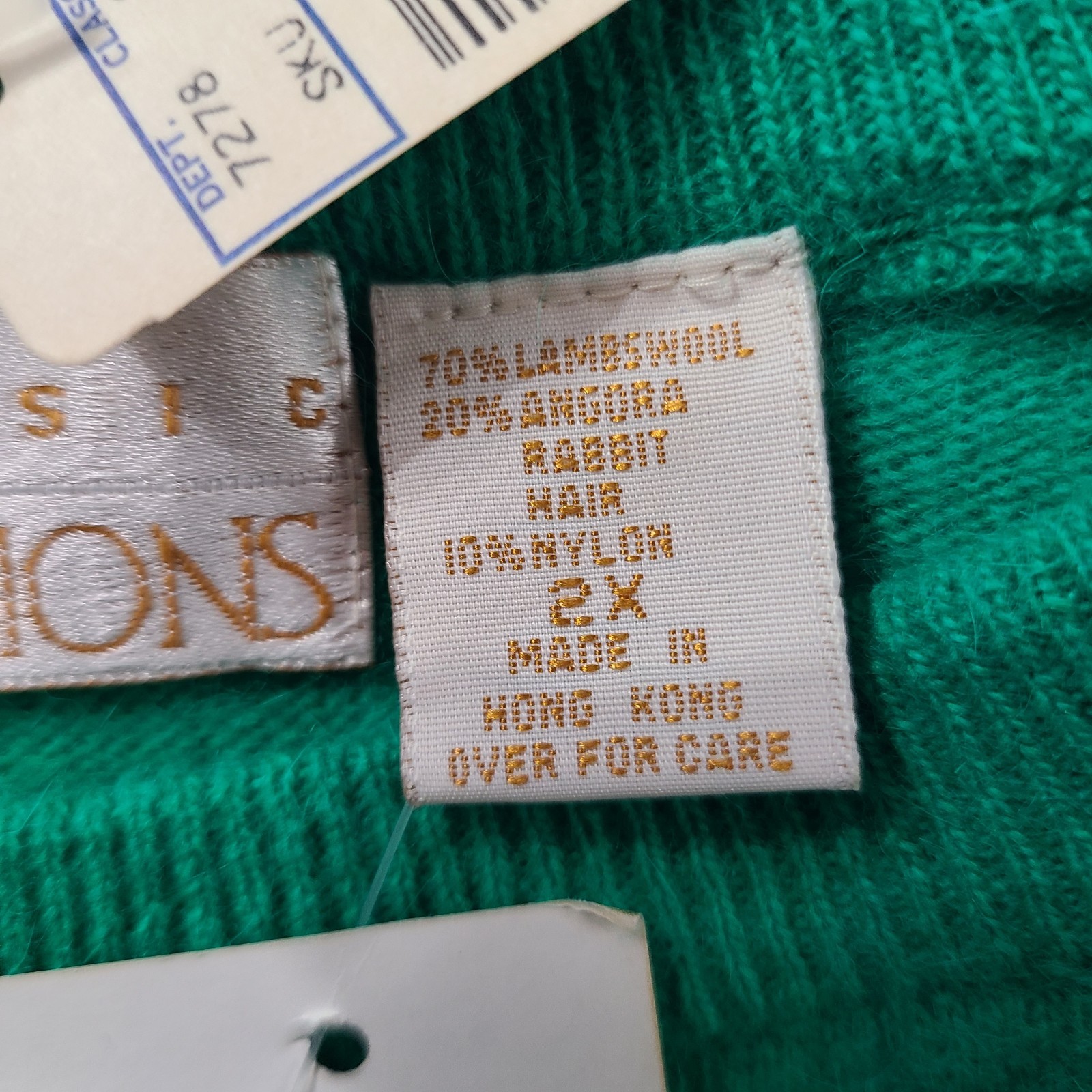 Vtg Classic Dimensions 2X Kelly Green Lambswool Angora Blend Lightweight Sweater