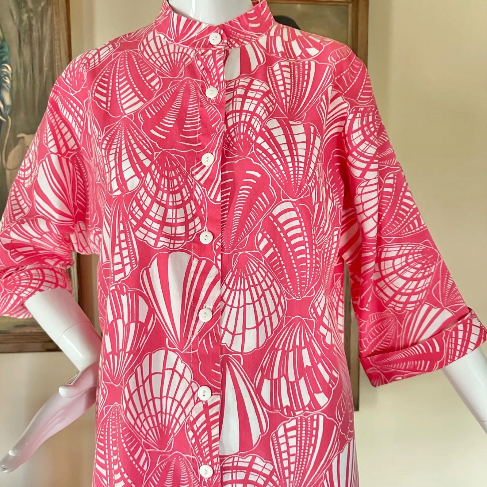 Vintage 70s Mr Hank Preppy Hot Pink Seashells Print Beach Cover-up Shirt Dress L