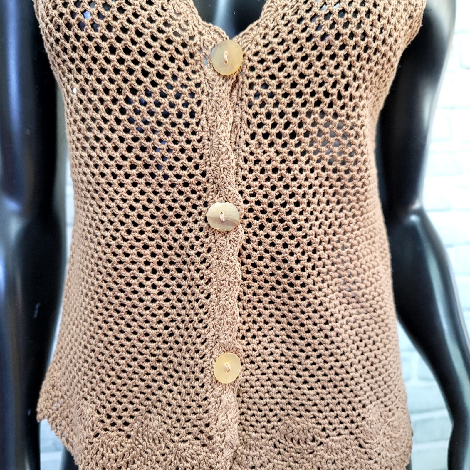 Vintage 90s Does 70s Island Spice M Crochet Knit Vest Top Buttons Hippie Boho
