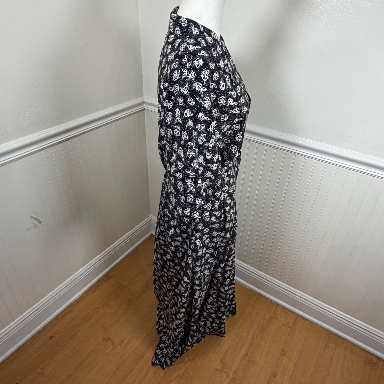 Jaeger Vintage Black White Floral Polka Dot Button Front Maxi Dress UK 12 USA 10