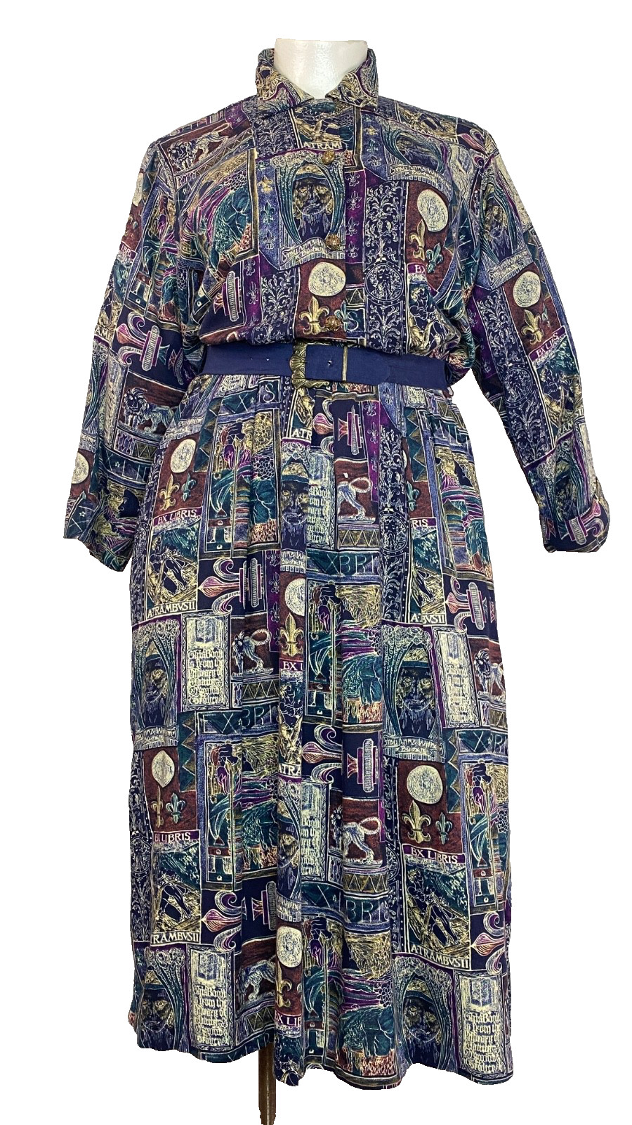 Vintage 1980s novelty print midi dress XL rayon long sleeve plus size purple
