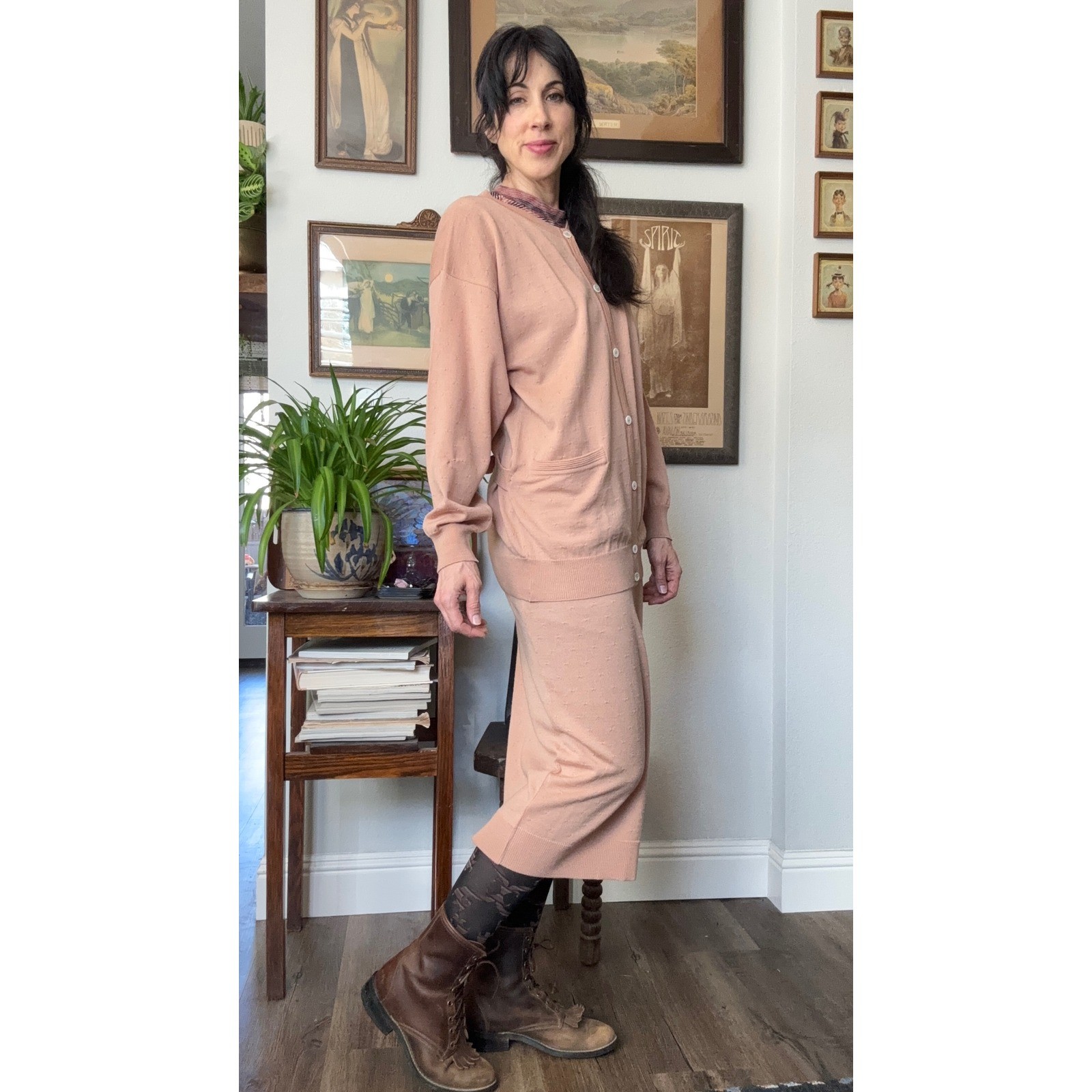 Perry Ellis Portfolio Knit Skirt Cardigan Set Peach Tan Pointelle 2 Piece