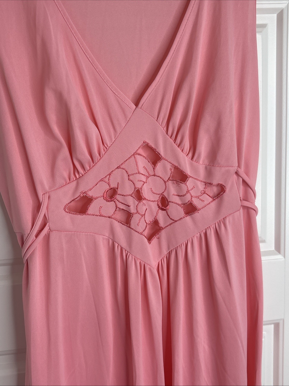 Vintage Avian Nylon Maxi Nightgown, Embroidered Cut Out, Pink, V Neck, Size S