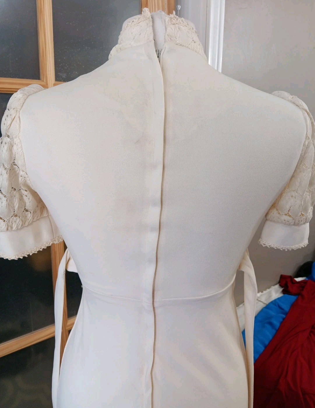 70s Maxi Lace Bodice Empire Waist Cream Crocheted Trim Handmade Wedding Vintage