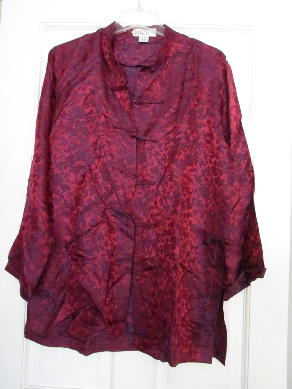Vintage JADE Kimono Style (#97441) Red Long Sleeve Silk Blouse Top Large (WC-21)