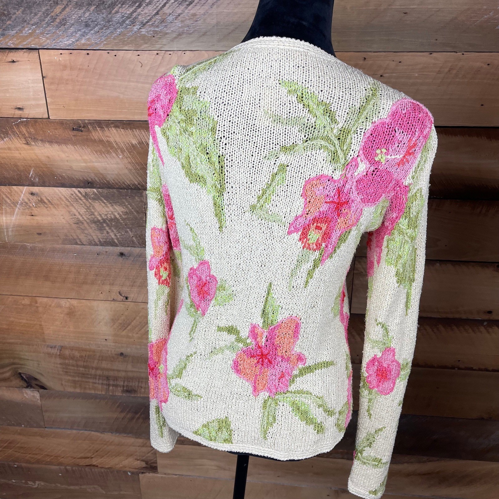 Vintage Medium David Brooks Brand Hand Knitted Cardigan Sweater Pink Flowers