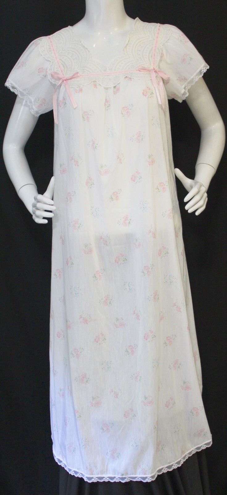 VTG No Tags Size M? Midi Grannycore Nightgown Floral Print Flutter Slv Lace Yoke