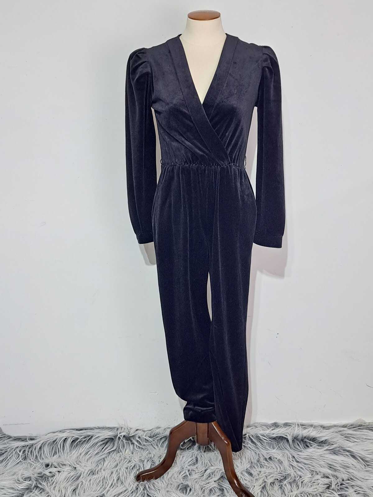 Vintage 1990s TJuniors Black Velvet Velour Jumpsuit XS/S V-Neck