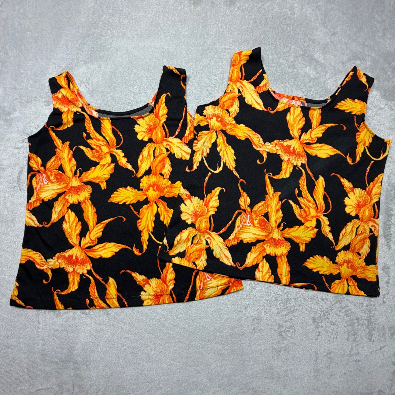 Vintage 90s Handmade Floral Orchid Tank Top Twin set 2pc Black Orange Yellow M/L