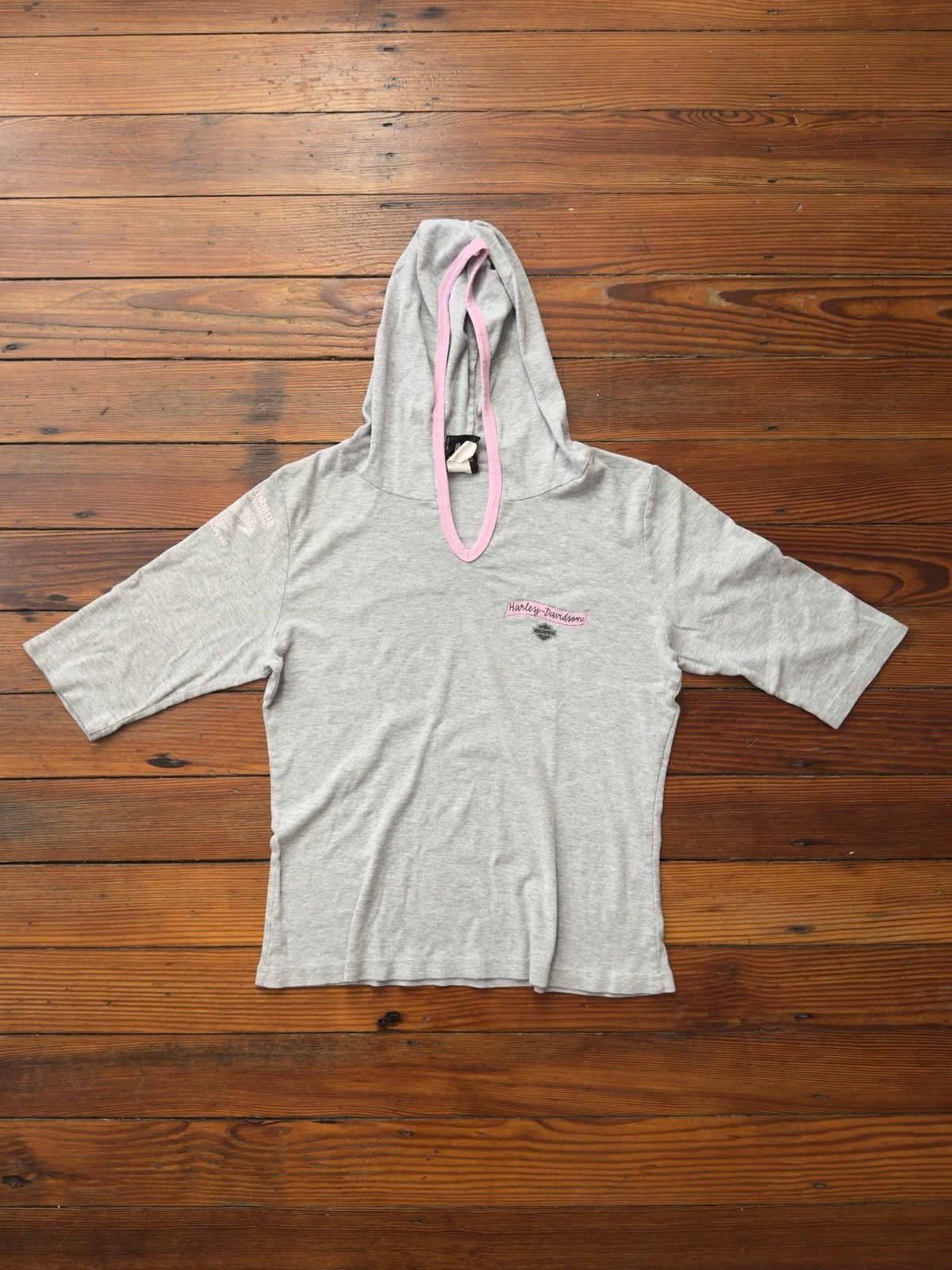 Vintage 00s Harley Davidson Holoubek hooded half sleeve tshirt gray w pink trim