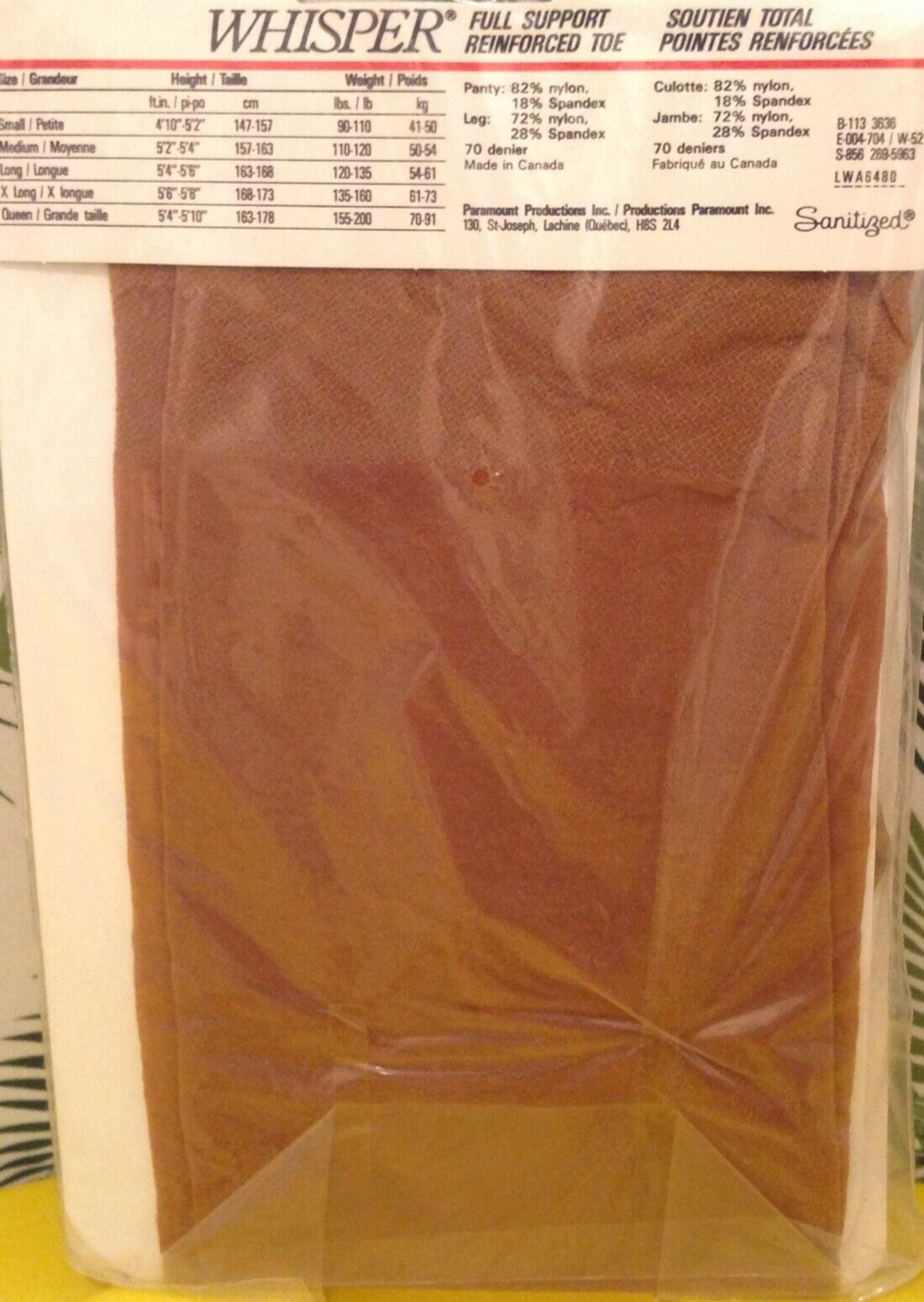 Vintage Pantyhose Whisper Full Support Color Suntan Size Small B002A