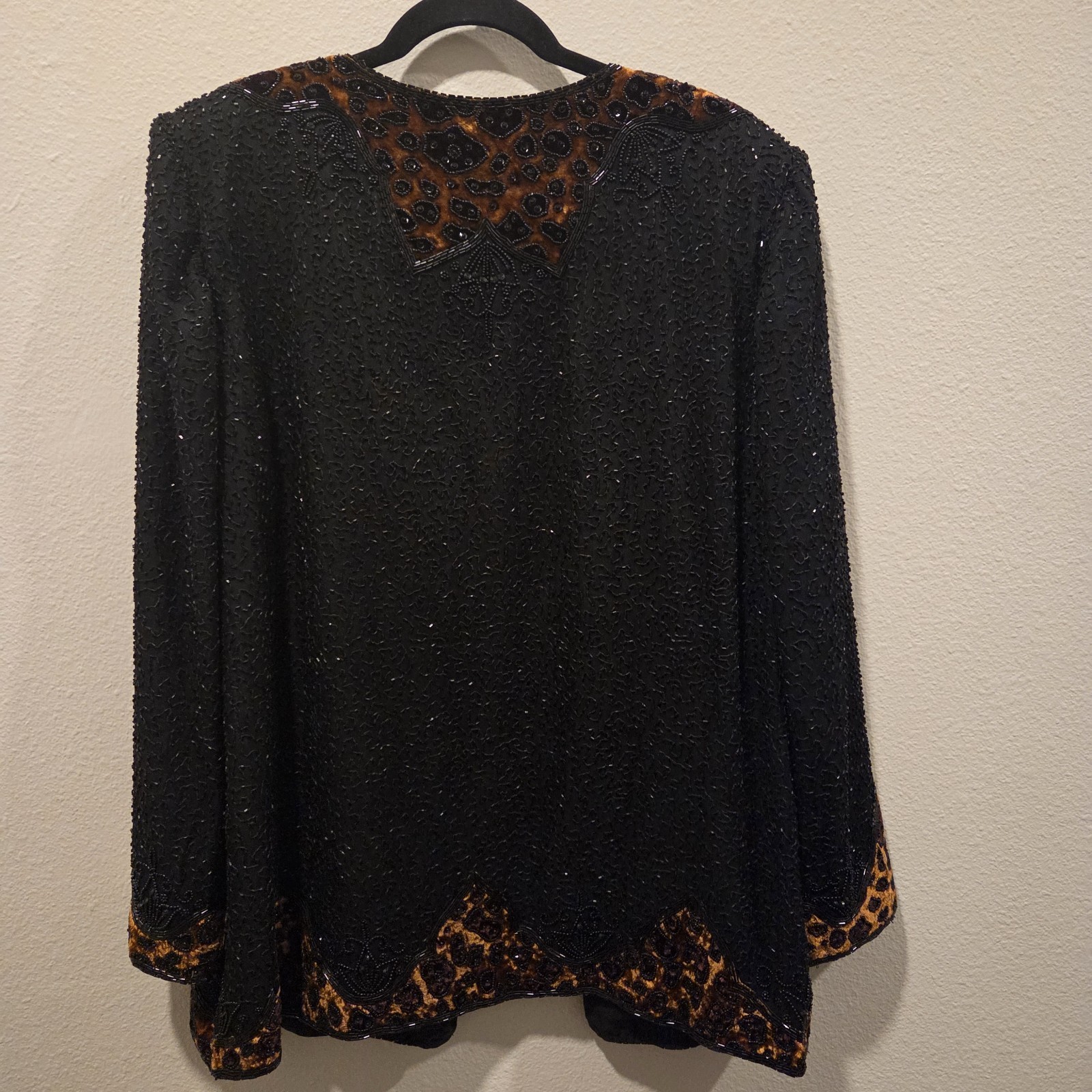 Vintage Papell Boutique Evening Black Silk Beaded Jacket XL Animal Print Sequin