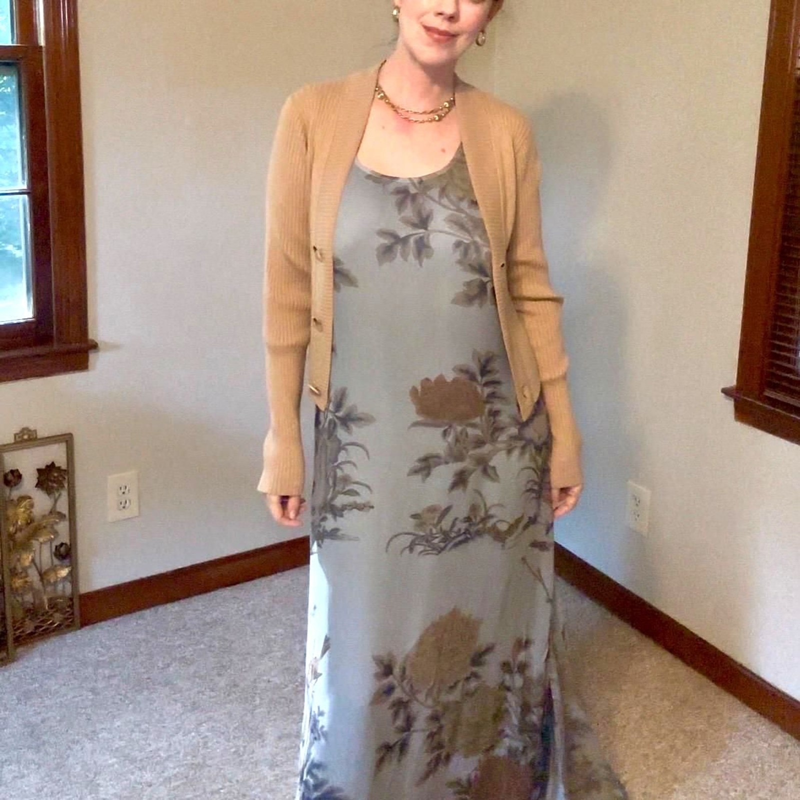 Vtg 90s Citron Santa Monica Silk Floral Maxi Dress Pale Blue Floaty Romantic M