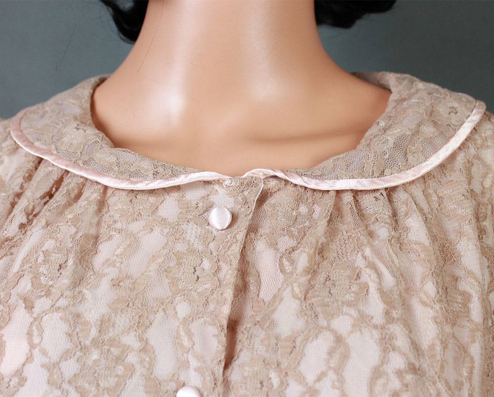 Vintage Peignoir Set Sz XS S Beige Lace Green Chiffon Pink Short Nightgown Robe