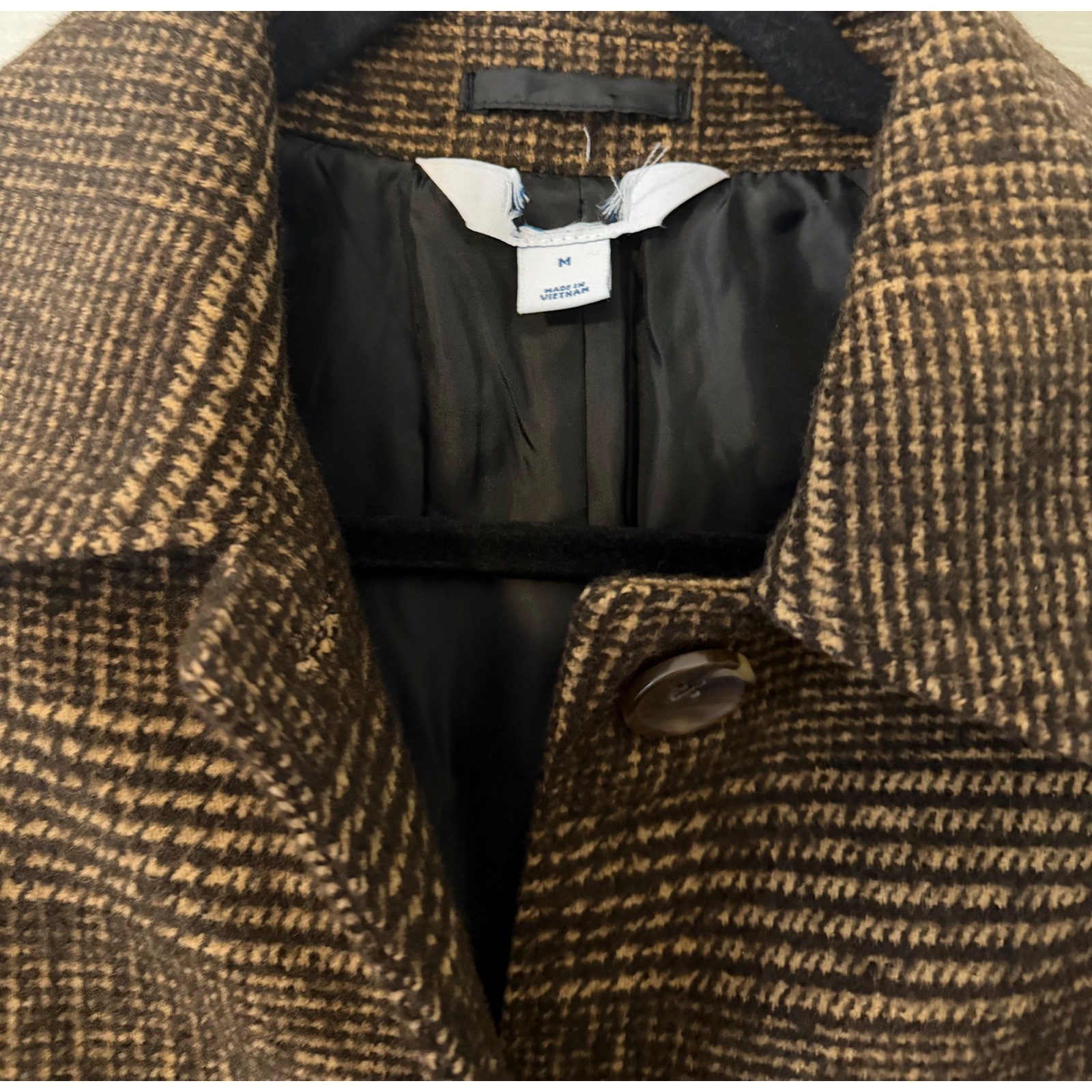 Old Navy Brown Plaid Car Coat Glen Plaid Button Front Women’s M Long Preppy NWOT
