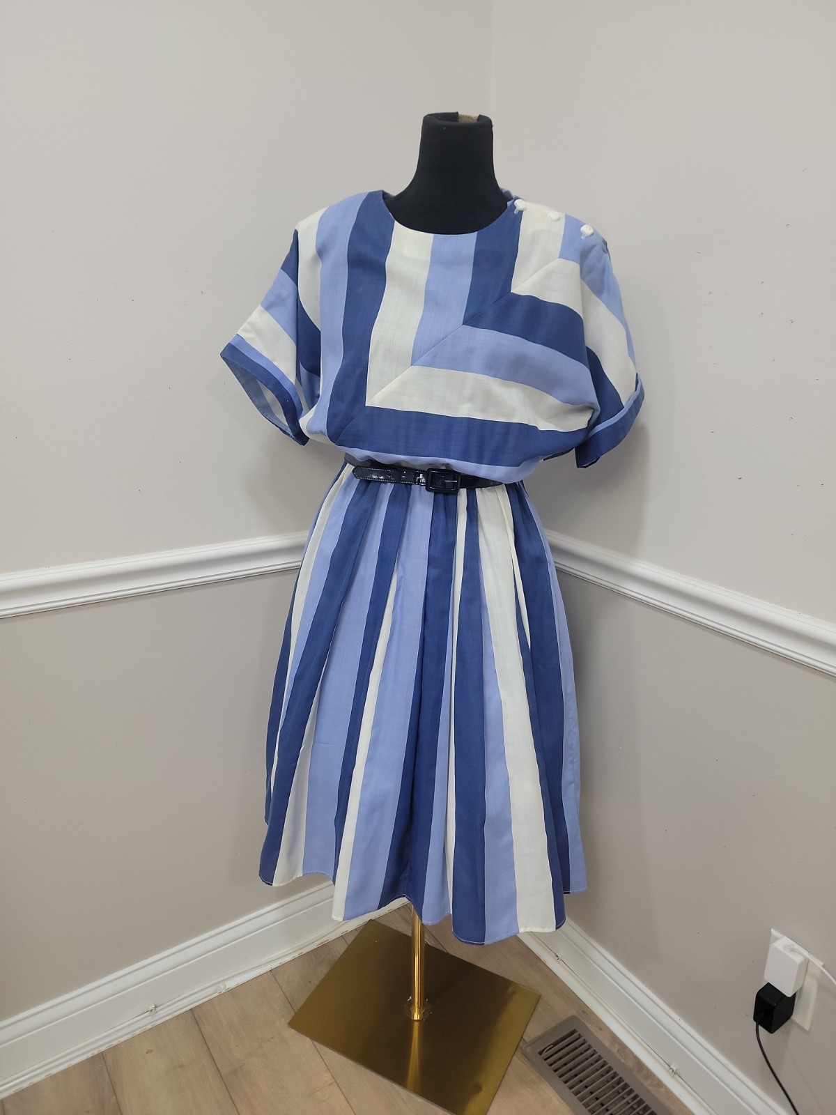 80s Blue White Striped Dolman Sleeve Pleated Dress Belted Nautical Party Dress