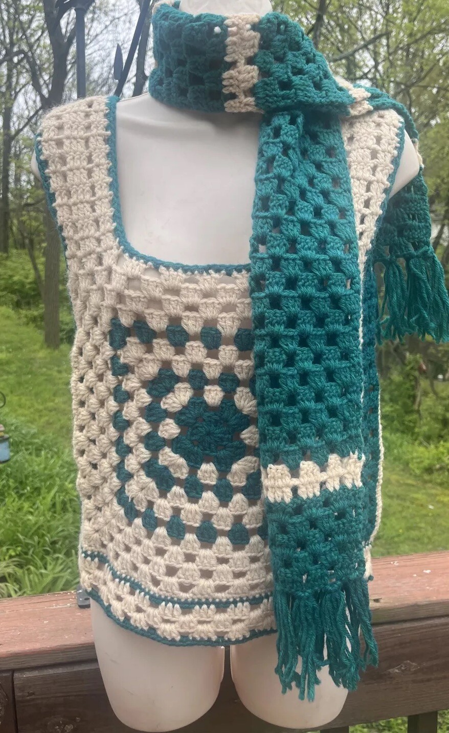 Vintage Retro Boho Chic Crochet Knit Granny Square Sweater Vest & Scarf Set OS