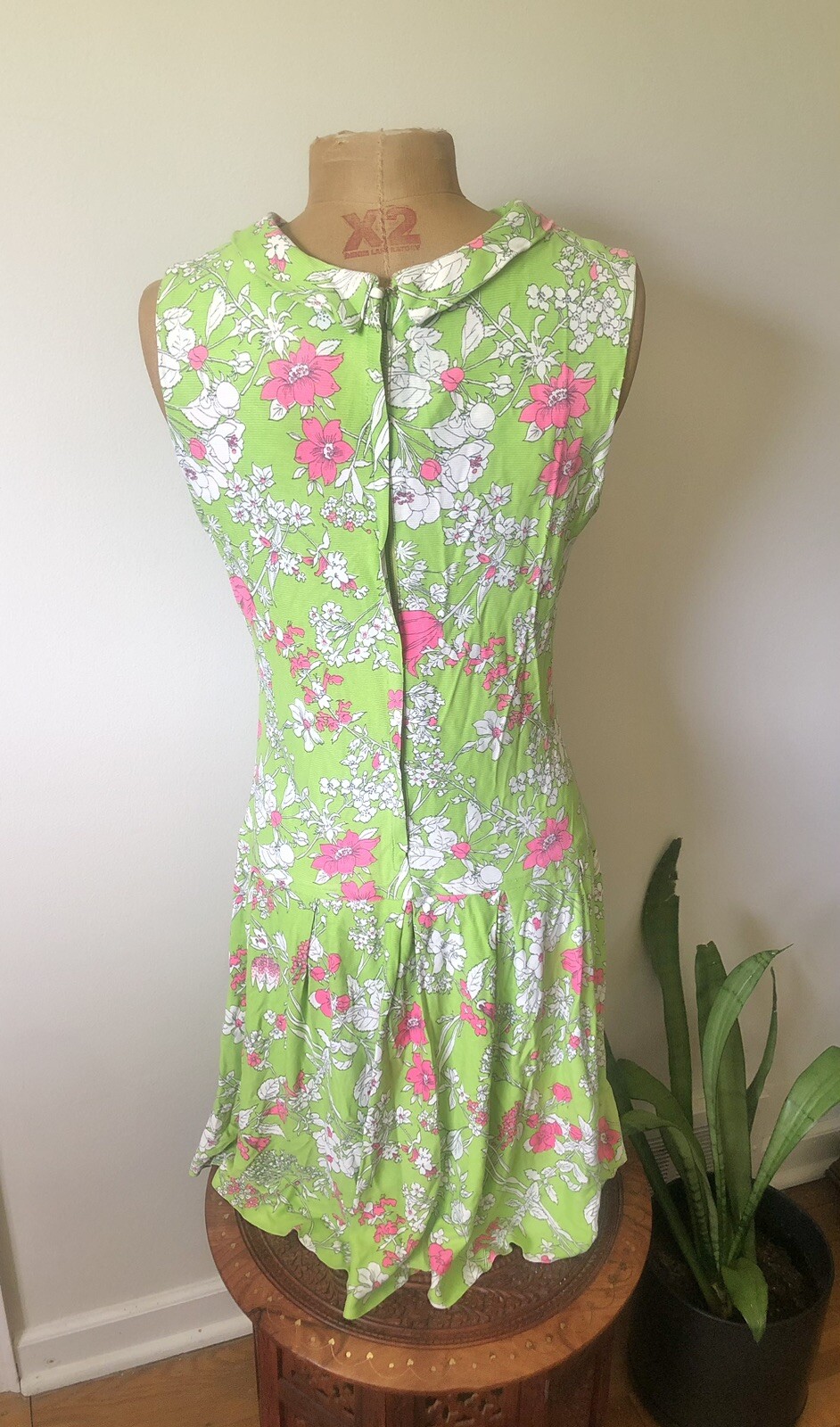 1920’s Inspired Lime Green & Pink Floral Drop Waist Dress