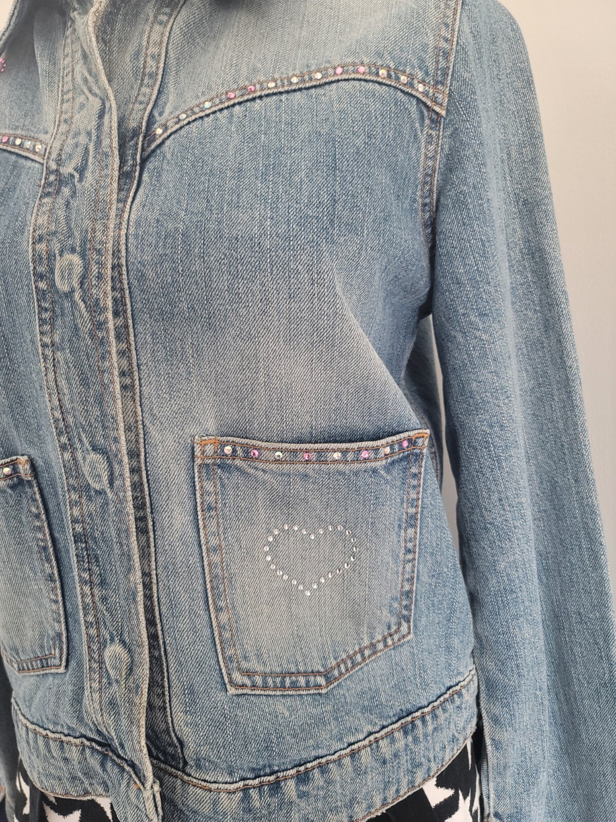 Vintage Y2K Upcycled Redone Custom Bling Gothic Cross Western Jean Jacket Medium