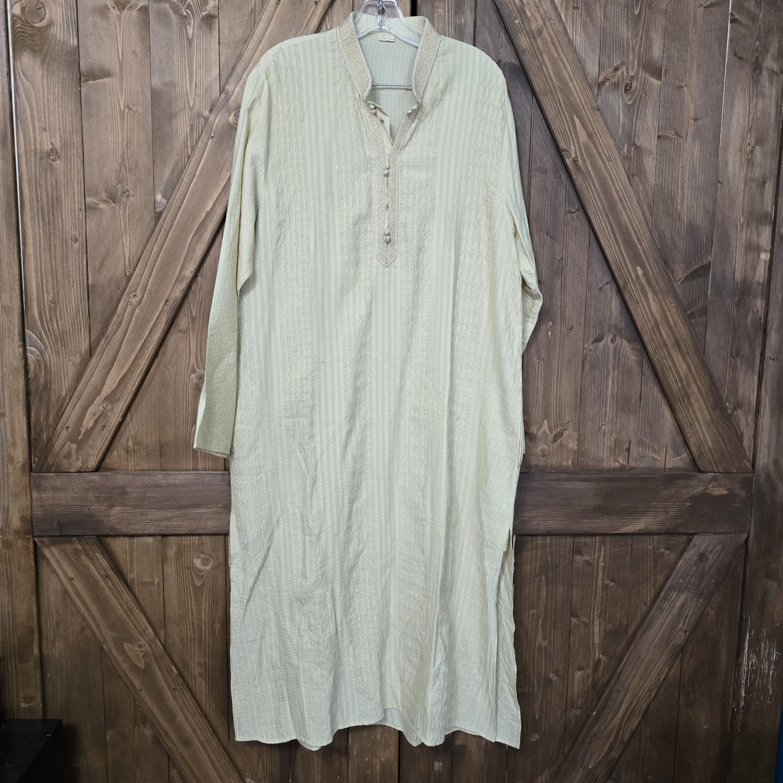 Vintage Embroidered Kaftan Style Robe Tunic Beige US 44 Beaded Collar Long