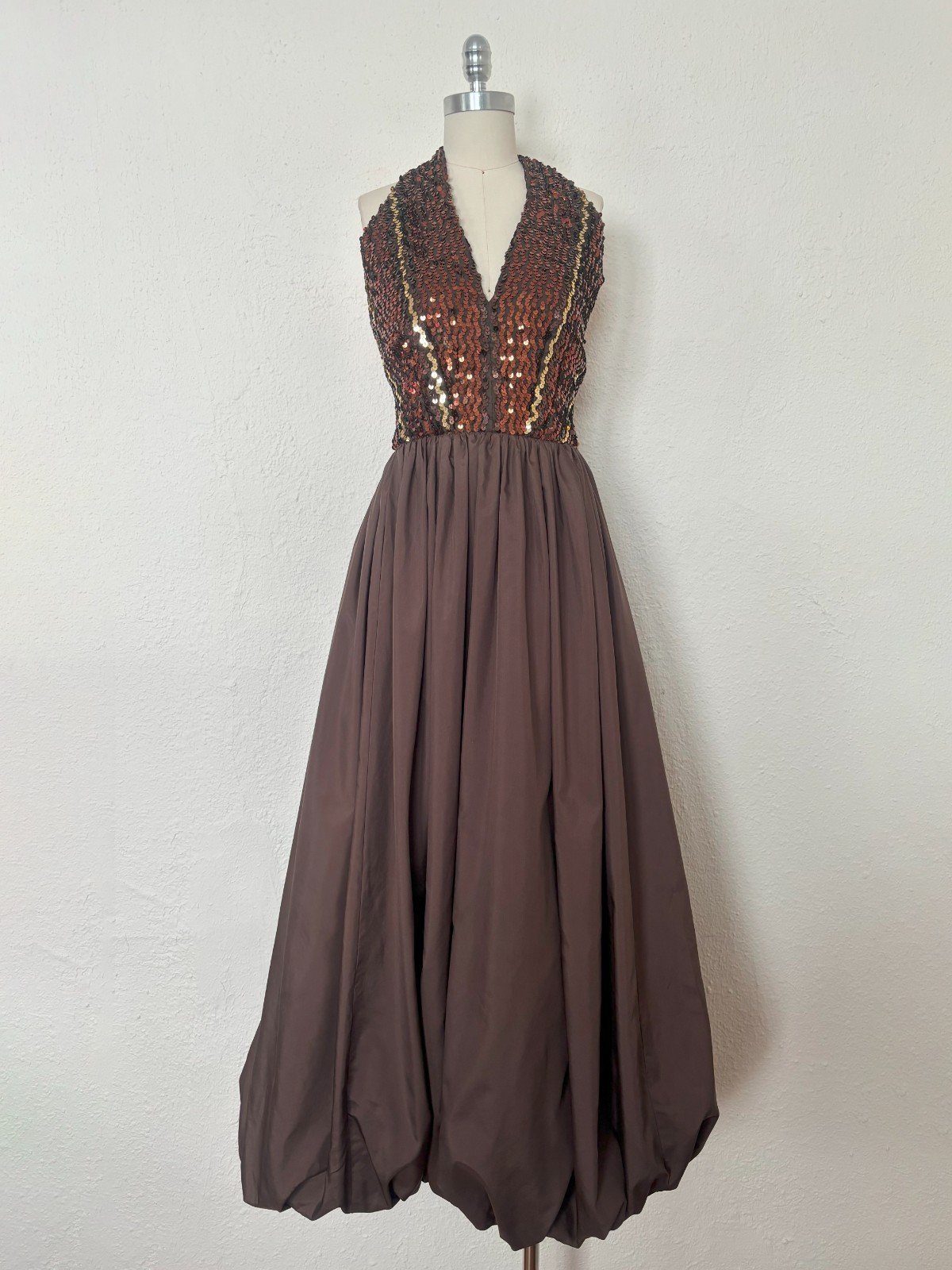 1970s Brown Sequin Halter Bubble Hem Dress by Lillie Rubin, Extra Small to Small