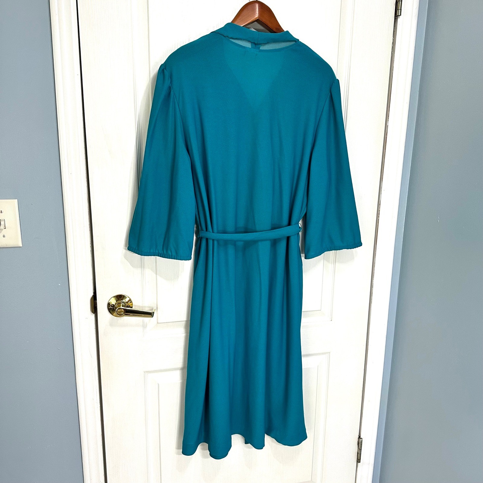 Vintage Laurel Ridge Teal Blue Button Front Belted Dress Eyelet Trim Size 22.5