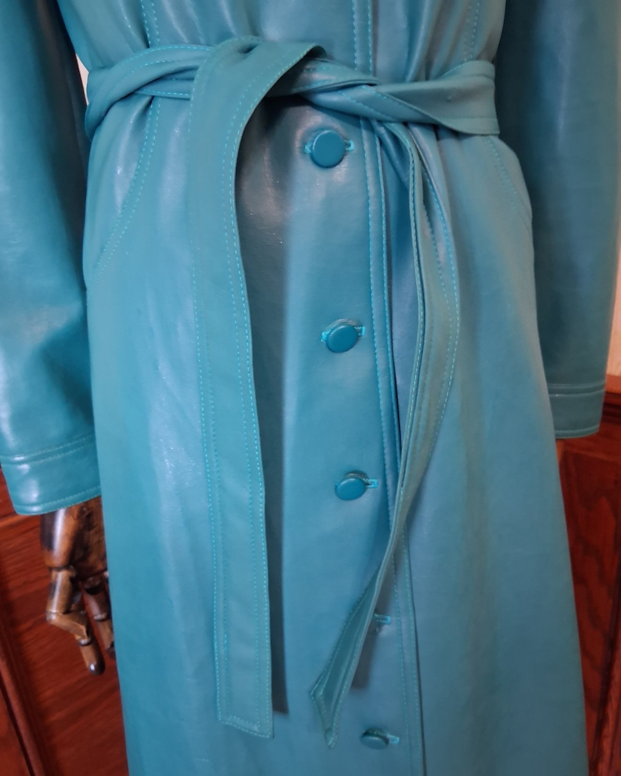 Vintage 1960s 1970s Teal Vegan Leather Dagger Collar Mod Spy Girl Trench Coat