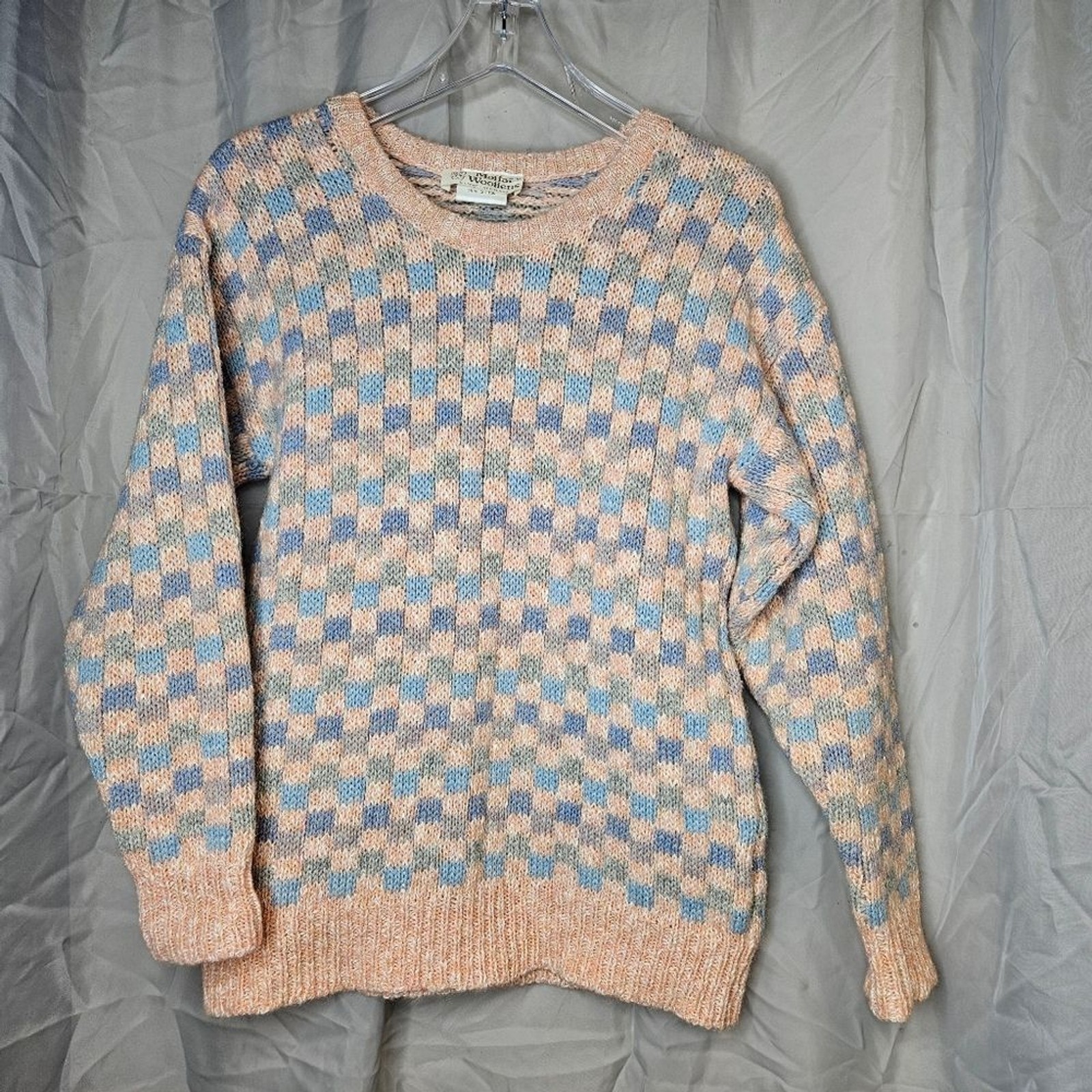 Moffat Woollens Vintage Tight Knit Pastel Checkerboard Wool Pull Over Sweater