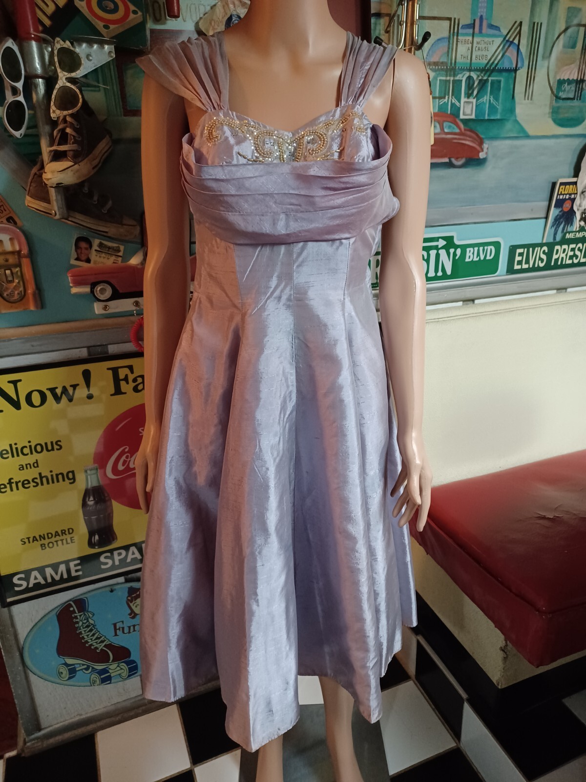 True VTG Mid-century 1940s 1950s Iridescent Satin Cocktail Prom Dress Art Deco S