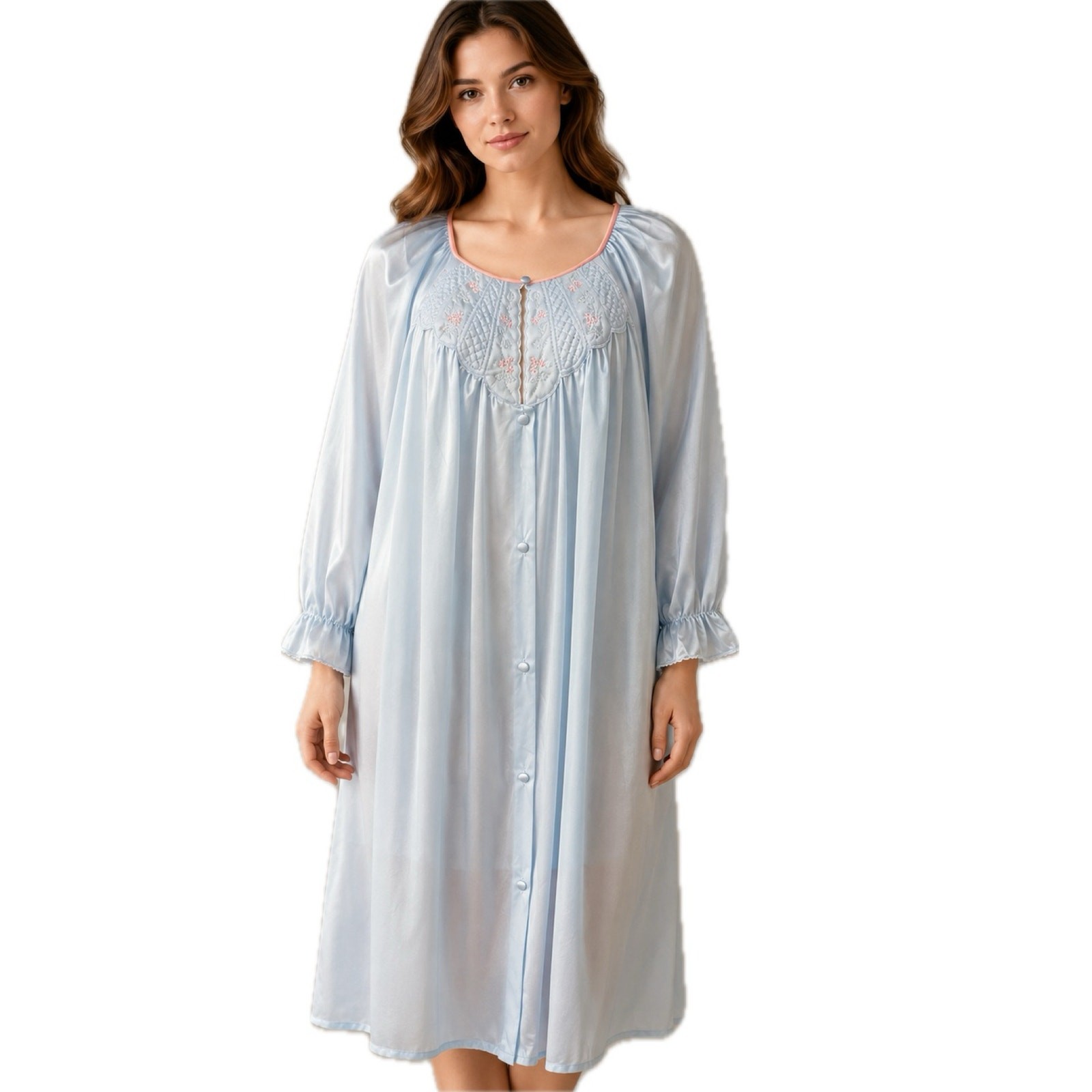 Vintage Vanity Fair Blue Nylon Nightgown Robe M Embroidered Floral USA ^