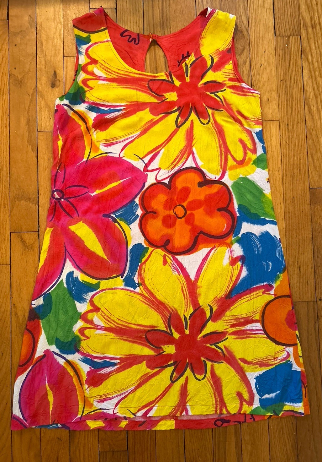 VTG Jams World Floral Splash Crinkle Beach Hawaiian Sleeveless Mini Dress SZ S