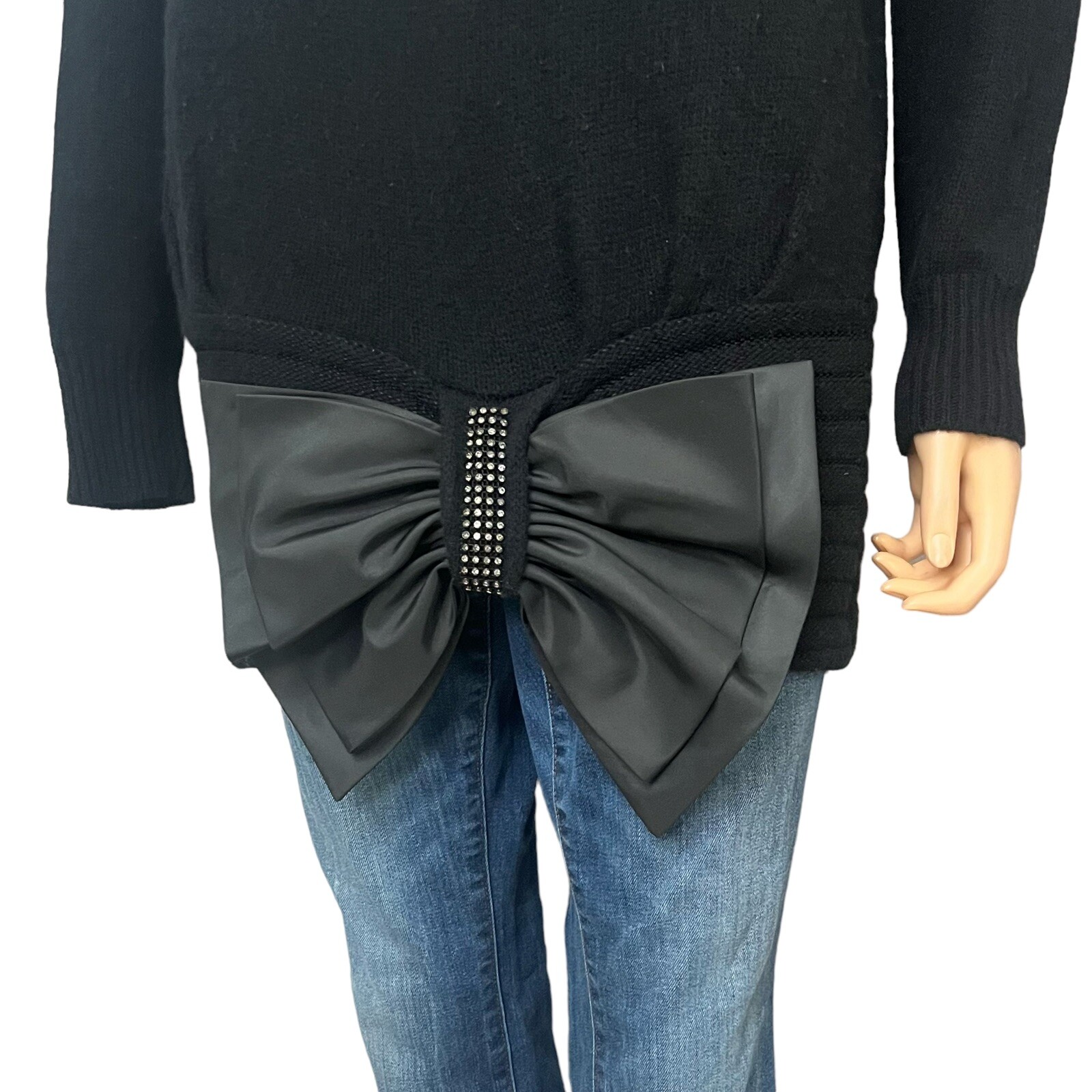 80s VTG Teri Jon Rhinestone Sweater Size 8 Bow Wool Angora Glam Coquette Holiday