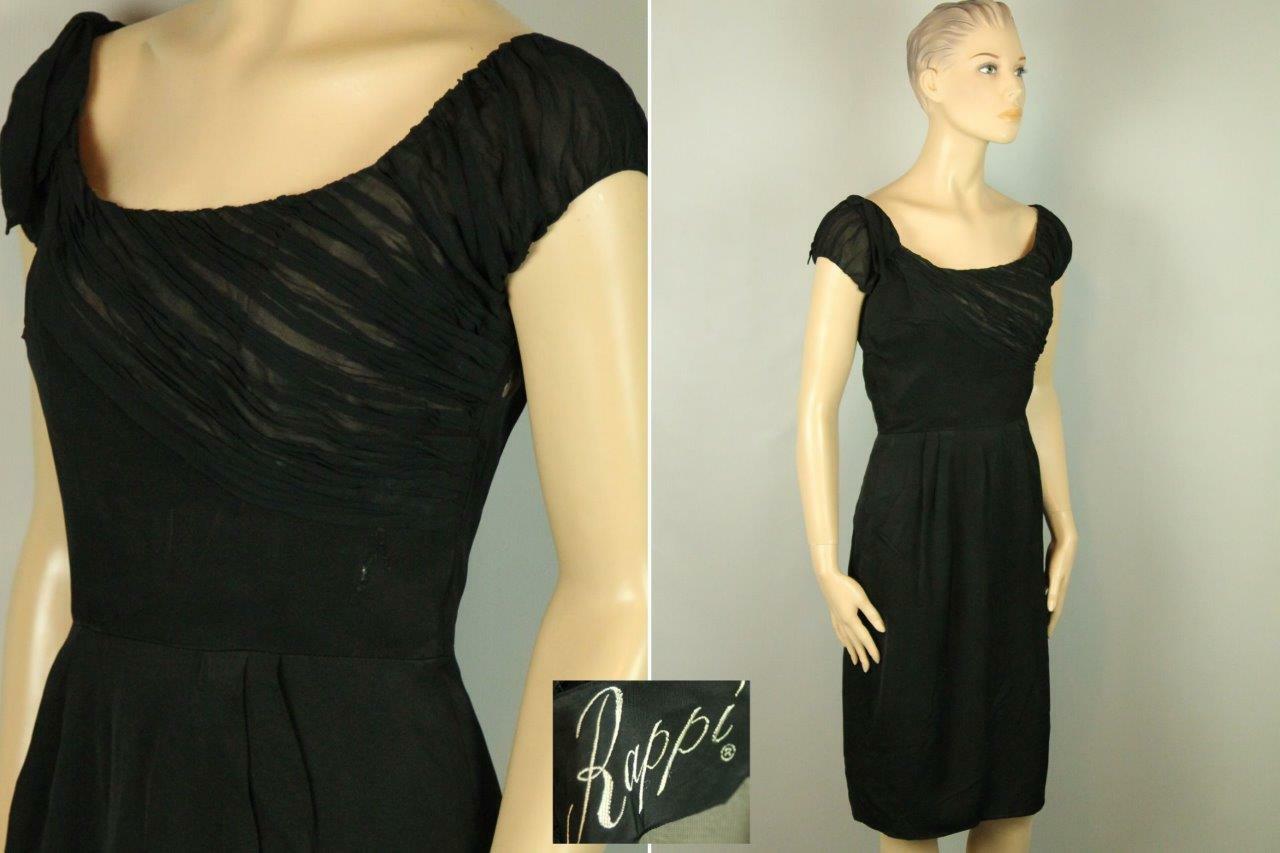 Vtg 50s RAPPI Ruched Chiffon Organza Rockabilly Cocktail Party Sheath Dress S